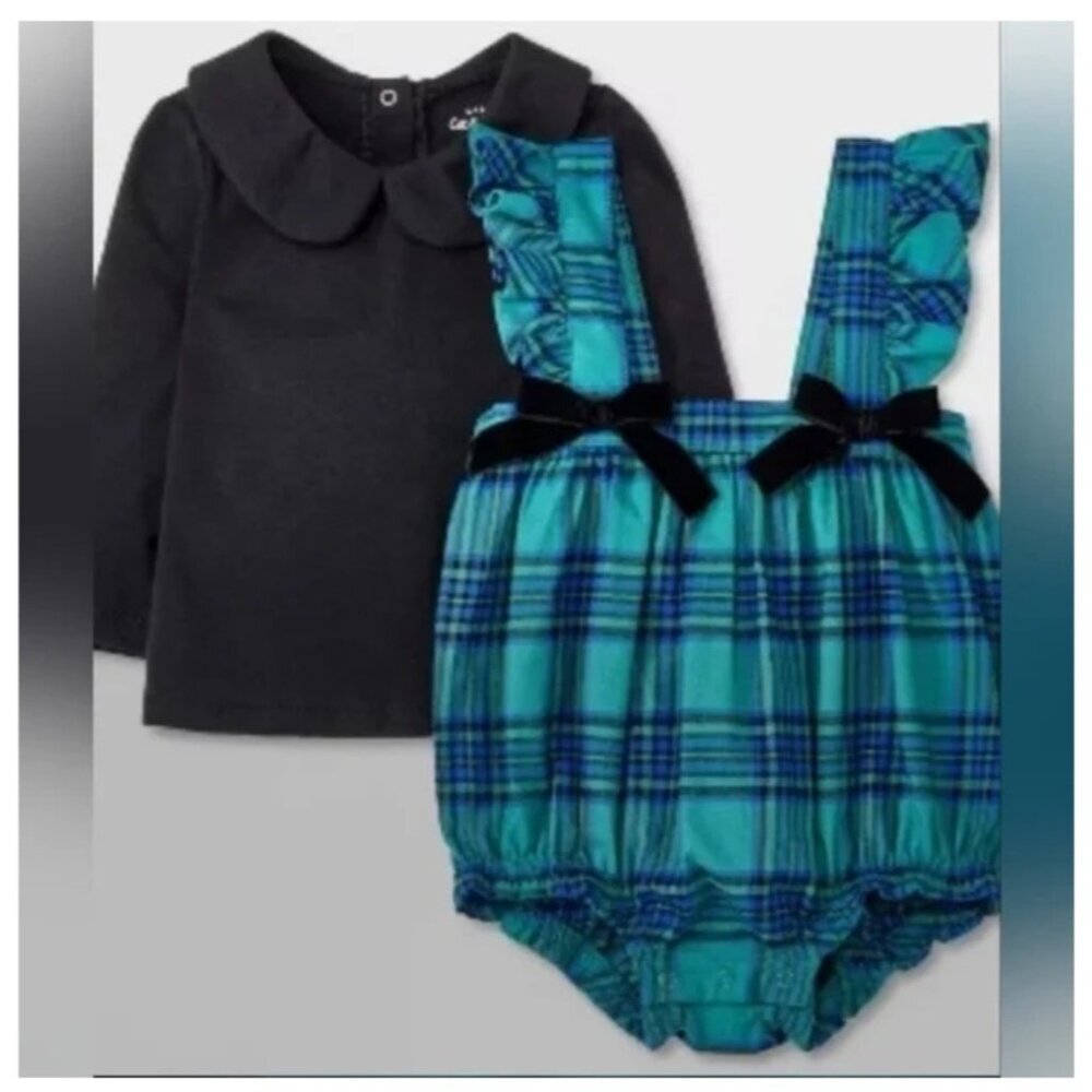 Cat & Jack Baby Black and Green Plaid Girls 2 pcs Outfit size 6-9M NWT